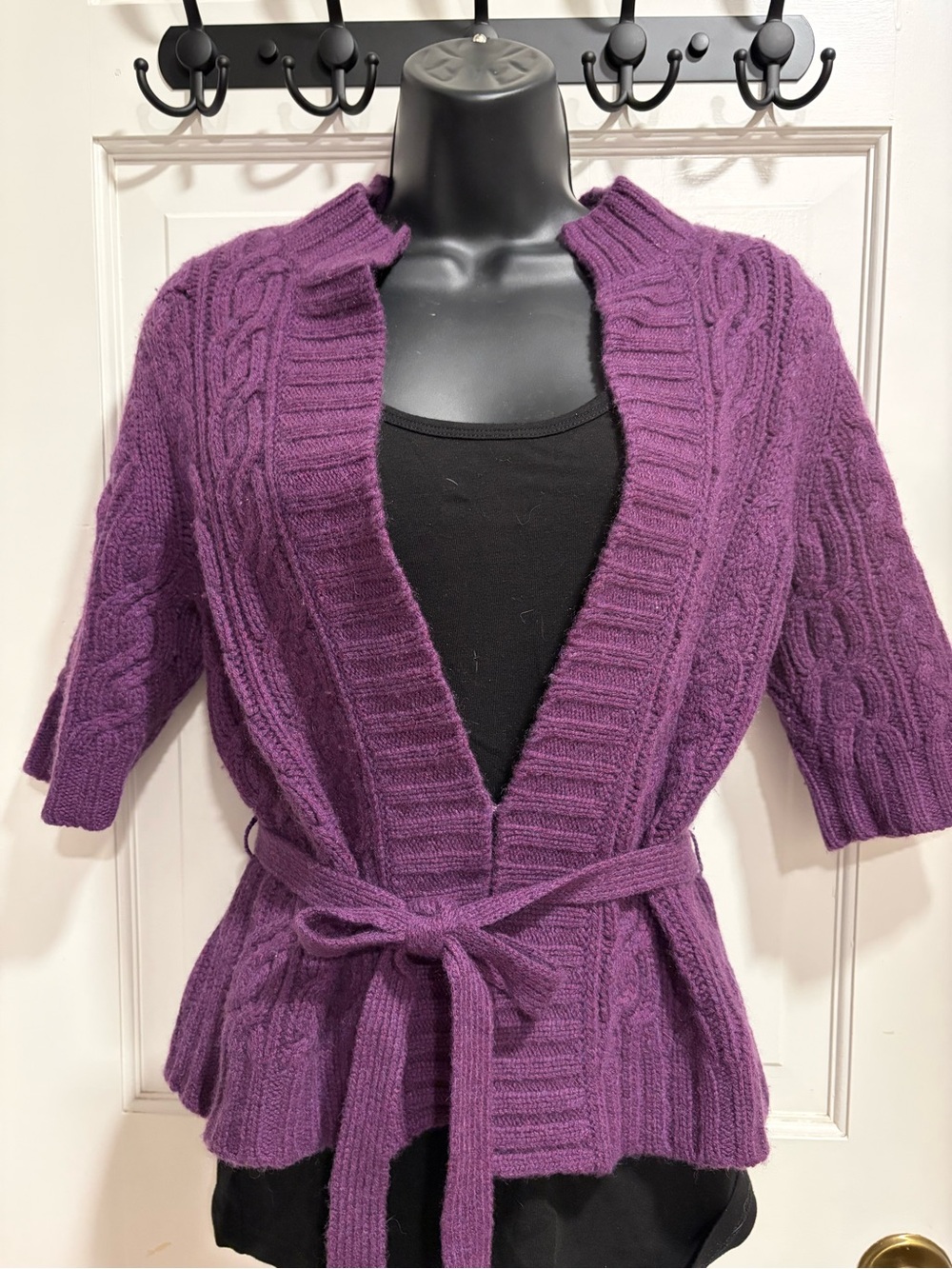 Purple Cable-Knit Belted Women's Sweater Cardigan